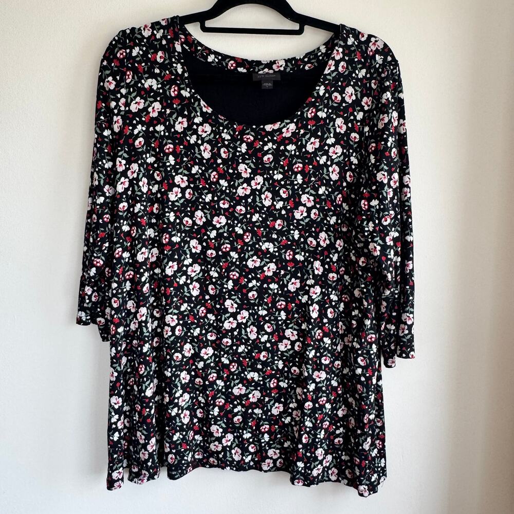 J.Jill Floral Top Blouse Black Red White Round Neck Side Slit 3/4 Sleeve Sz L